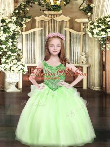 Unique Apple Green Organza Lace Up Pageant Gowns For Girls Sleeveless Floor Length Beading