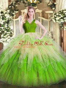 Suitable Multi-color Organza Zipper V-neck Sleeveless Floor Length Sweet 16 Quinceanera Dress Ruffles