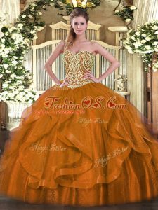 Latest Rust Red Organza Lace Up Ball Gown Prom Dress Sleeveless Floor Length Beading and Ruffles