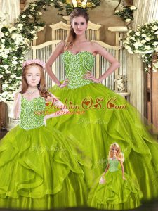 Comfortable Olive Green Lace Up Ball Gown Prom Dress Beading and Ruffles Sleeveless Floor Length