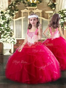 Excellent Hot Pink Sleeveless Floor Length Beading and Ruffles Lace Up Pageant Gowns For Girls