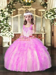Beautiful Lilac Organza Lace Up Child Pageant Dress Sleeveless Floor Length Beading and Ruffles