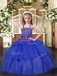 Dramatic Straps Sleeveless Pageant Dress for Teens Floor Length Beading and Ruffled Layers Royal Blue Organza