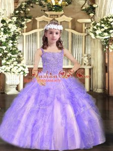 Straps Sleeveless Tulle Little Girls Pageant Dress Beading and Ruffles Lace Up