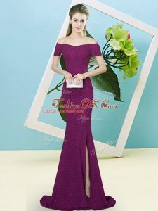 Sumptuous Purple Homecoming Dress Sequined Sweep Train Short Sleeves Sequins