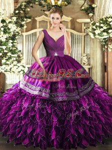Gorgeous Purple Ball Gowns V-neck Sleeveless Organza Floor Length Backless Beading and Ruffles and Ruching Sweet 16 Quinceanera Dress