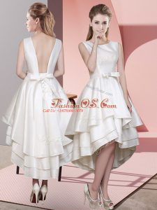 White Lace Up Bridesmaid Dress Ruffled Layers Sleeveless High Low