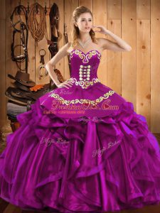 Glorious Fuchsia Ball Gowns Embroidery and Ruffles Quinceanera Dress Lace Up Satin and Organza Sleeveless Floor Length