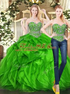 Sophisticated Sweetheart Sleeveless 15 Quinceanera Dress Floor Length Beading and Ruffles Green Tulle