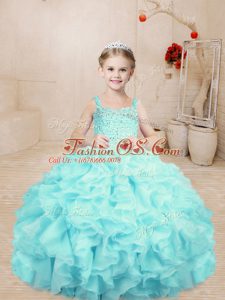 Dazzling Aqua Blue Lace Up Straps Beading and Ruffles Pageant Dress for Womens Organza Sleeveless