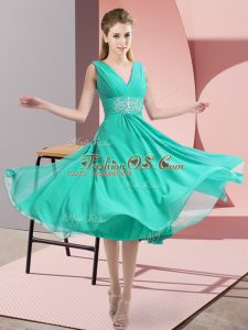 Attractive Sleeveless Knee Length Beading Side Zipper Bridesmaid Dresses with Teal