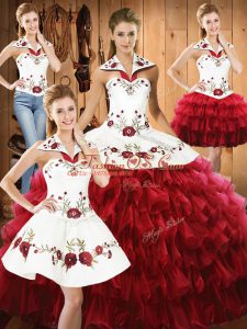Embroidery and Ruffled Layers Quince Ball Gowns Wine Red Lace Up Sleeveless Floor Length
