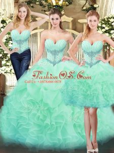 Floor Length Lace Up Quince Ball Gowns Apple Green for Military Ball and Sweet 16 and Quinceanera with Beading and Ruffles