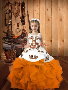 Fancy Embroidery and Ruffles Girls Pageant Dresses Orange Lace Up Sleeveless Floor Length
