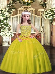 Yellow Green Tulle Lace Up Straps Sleeveless Floor Length Pageant Dresses Beading