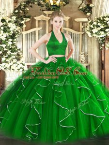 Fantastic Organza Halter Top Sleeveless Zipper Ruffles Ball Gown Prom Dress in Green