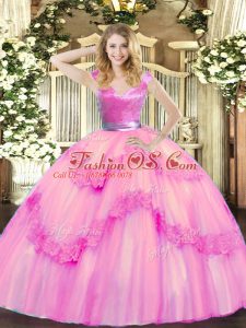 Decent Floor Length Rose Pink Quinceanera Gowns Tulle Sleeveless Beading and Appliques