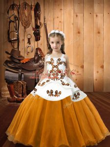 Customized Orange Pageant Dress Womens Sweet 16 and Quinceanera with Embroidery Straps Sleeveless Lace Up