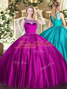 Floor Length Fuchsia Ball Gown Prom Dress Satin Sleeveless Beading