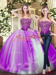 Strapless Sleeveless Tulle Sweet 16 Dress Beading and Ruffles Lace Up