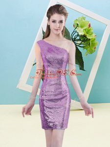 One Shoulder Sleeveless Prom Gown Mini Length Sequins Lilac Sequined
