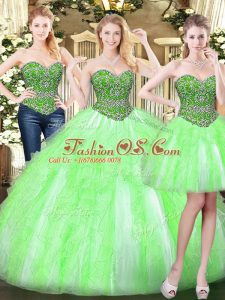 Sleeveless Floor Length Beading and Ruffles Lace Up Quinceanera Gown with