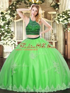 Floor Length Zipper Sweet 16 Quinceanera Dress Green for Military Ball and Sweet 16 and Quinceanera with Beading and Appliques