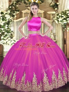 Fuchsia Two Pieces Tulle High-neck Sleeveless Appliques Floor Length Criss Cross Sweet 16 Quinceanera Dress