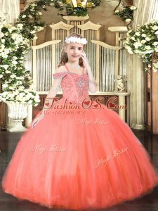 Fantastic Coral Red Ball Gowns Tulle Off The Shoulder Sleeveless Beading Floor Length Lace Up Kids Pageant Dress