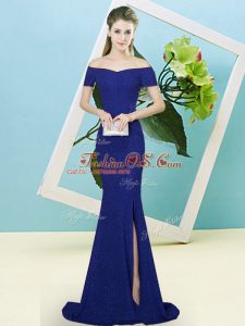 High Quality Off The Shoulder Short Sleeves Sweep Train Zipper Evening Dress Royal Blue Sequined