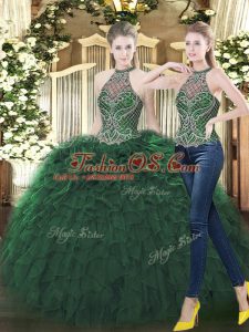 Sleeveless Floor Length Beading and Ruffles Lace Up Quinceanera Dress with Dark Green