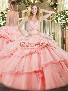 Latest Sleeveless Floor Length Beading and Ruffles Zipper 15th Birthday Dress with Pink