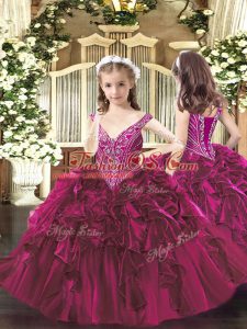 Exquisite Fuchsia Lace Up Little Girl Pageant Gowns Beading and Ruffles Sleeveless Floor Length