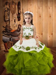 Lovely Straps Sleeveless Lace Up Kids Formal Wear Olive Green Tulle