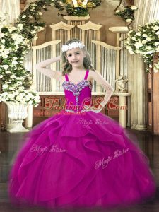 Pretty Floor Length Ball Gowns Sleeveless Fuchsia Little Girls Pageant Dress Lace Up
