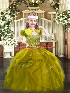 Dramatic Olive Green Lace Up Pageant Dress for Teens Beading and Ruffles Sleeveless Floor Length
