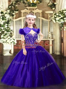 Elegant Purple Sleeveless Floor Length Beading Lace Up Little Girl Pageant Dress