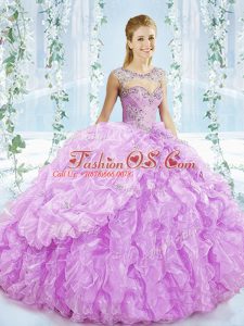 Fashion Sleeveless Organza Brush Train Lace Up Vestidos de Quinceanera in Lilac with Beading and Ruffles