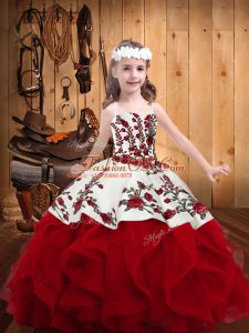 Customized Sleeveless Floor Length Embroidery and Ruffles Lace Up Little Girl Pageant Dress with Red