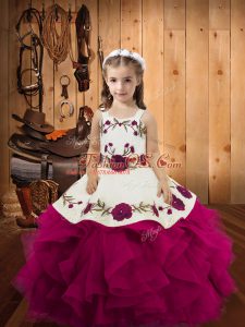 Tulle Sleeveless Floor Length Little Girl Pageant Dress and Embroidery and Ruffles