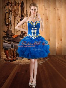 Royal Blue Sleeveless Mini Length Embroidery and Ruffles Lace Up Prom Dresses