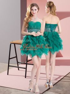 Green A-line Organza Sweetheart Sleeveless Beading and Ruffles Mini Length Lace Up Bridesmaid Gown