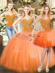 Best Sleeveless Tulle Floor Length Lace Up 15 Quinceanera Dress in Orange Red with Beading