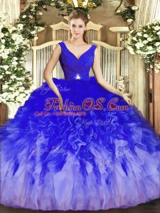 Multi-color Backless 15 Quinceanera Dress Beading and Ruffles Sleeveless Floor Length