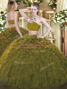 Tulle High-neck Sleeveless Backless Beading and Ruffles Sweet 16 Dress in Olive Green