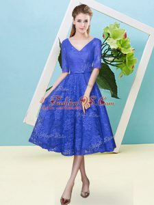 Tea Length Lace Up Quinceanera Court Dresses Royal Blue for Prom and Party and Wedding Party with Bowknot