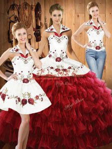 Gorgeous Organza Halter Top Sleeveless Lace Up Embroidery and Ruffled Layers Sweet 16 Quinceanera Dress in Wine Red