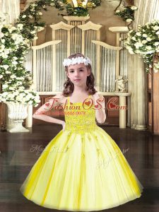 Yellow Little Girls Pageant Dress Wholesale Party and Quinceanera with Beading Spaghetti Straps Sleeveless Lace Up
