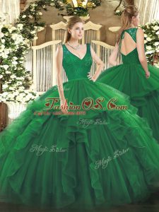 Super Dark Green Organza Zipper V-neck Sleeveless Floor Length Sweet 16 Quinceanera Dress Beading and Ruffles