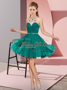 Best Turquoise Empire Chiffon Halter Top Sleeveless Beading Mini Length Zipper Prom Party Dress